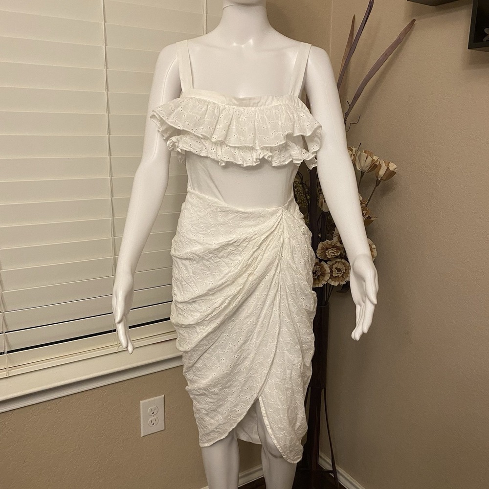 PrettyLittleThing White Eyelet Cut Out Ruched Midi Dress US 4 UK 8